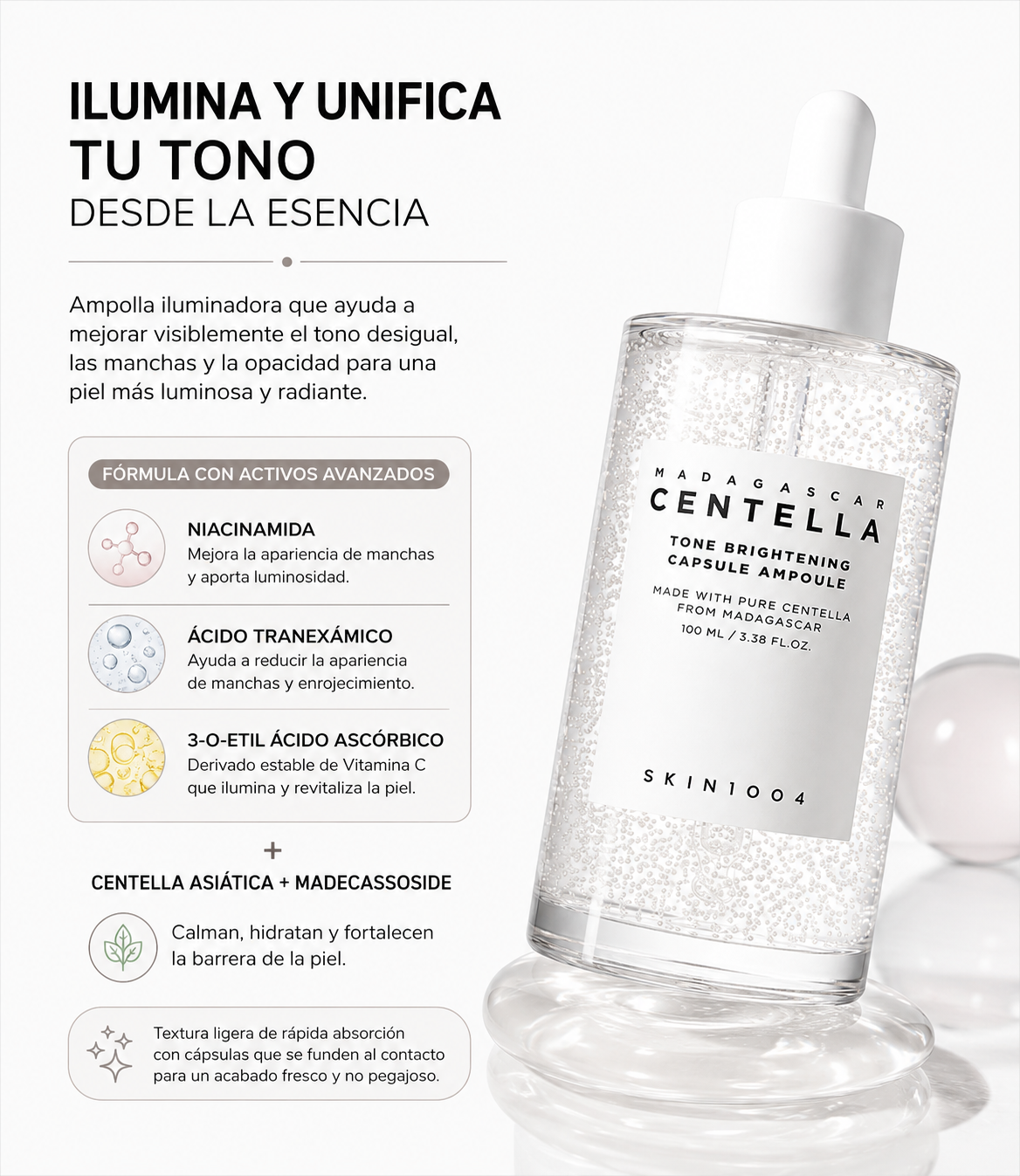 SKIN1004 Madagascar Centella Tone Brightening Capsule Ampoule Jumbo 100ml | Ampolla para Manchas y Luminosidad