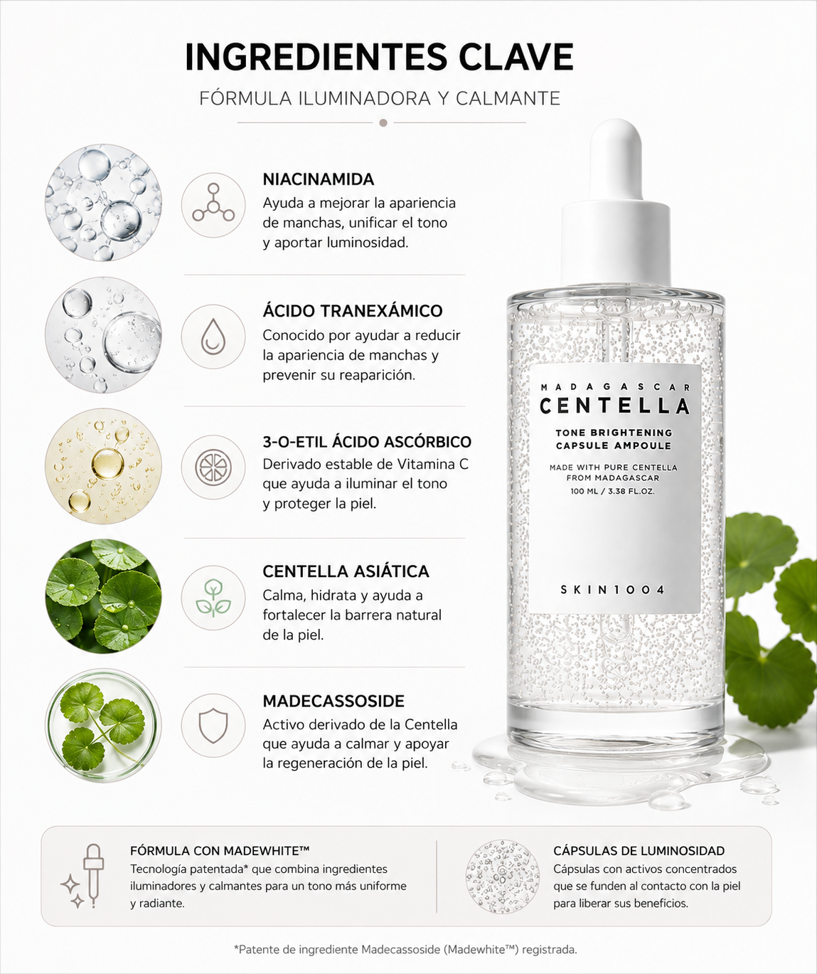 SKIN1004 Madagascar Centella Tone Brightening Capsule Ampoule Jumbo 100ml | Ampolla para Manchas y Luminosidad