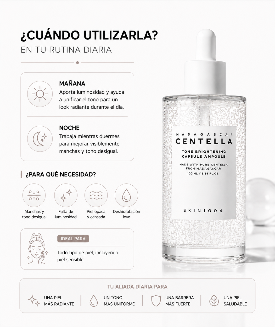 SKIN1004 Madagascar Centella Tone Brightening Capsule Ampoule Jumbo 100ml | Ampolla para Manchas y Luminosidad
